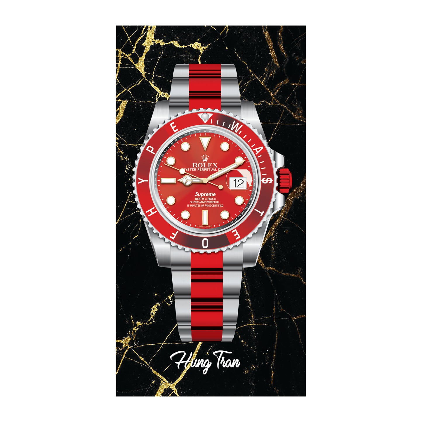 Crimson Timepiece fine art print by Hung Tran Fine Arts — red dial watch artwork on black marble background