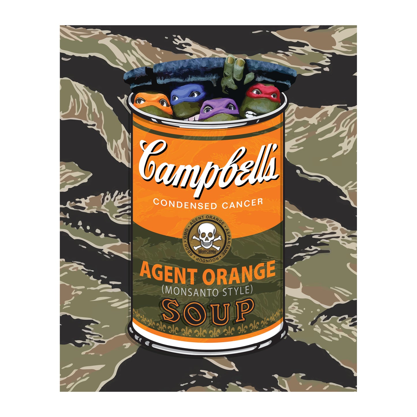 Stylized Turtle Soup Can fine art print by Hung Tran Fine Arts — pop-art soup can on camouflage background