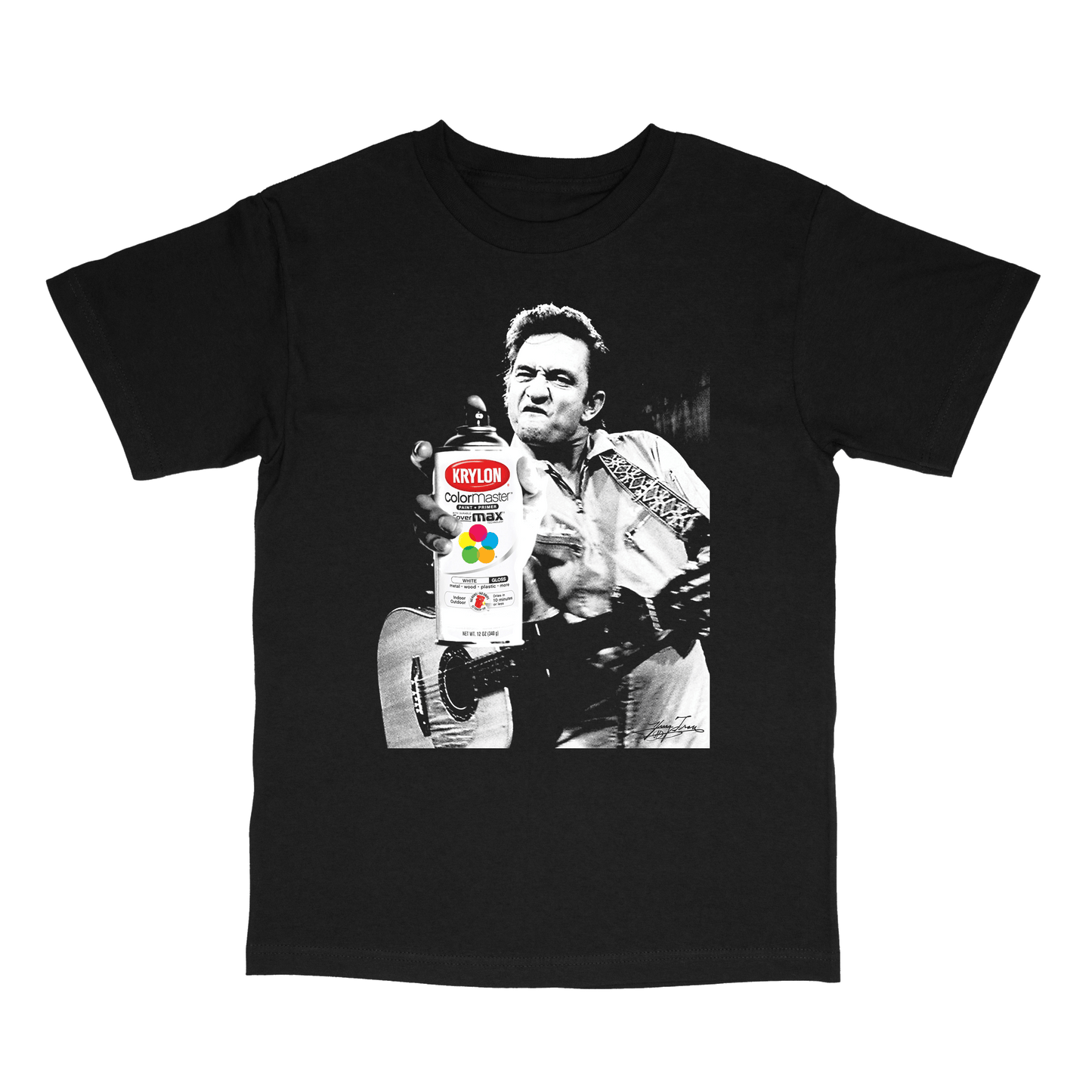 Outlaw Spray Can tee by Hung Tran Fine Arts — unisex graphic t-shirt featuring a black-and-white portrait holding a colorful spray can