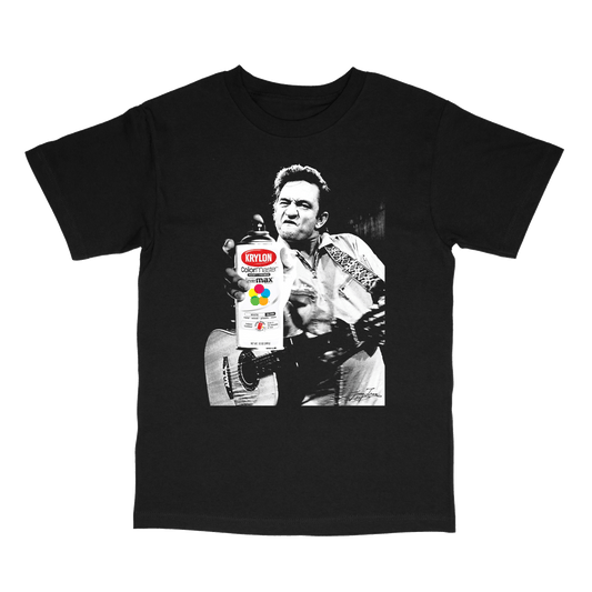 Outlaw Spray Can tee by Hung Tran Fine Arts — unisex graphic t-shirt featuring a black-and-white portrait holding a colorful spray can