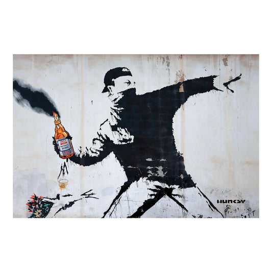 Discount Thrower fine art print by Hung Tran Fine Arts — stencil-style figure throwing a grocery bag in bold street-pop poster style