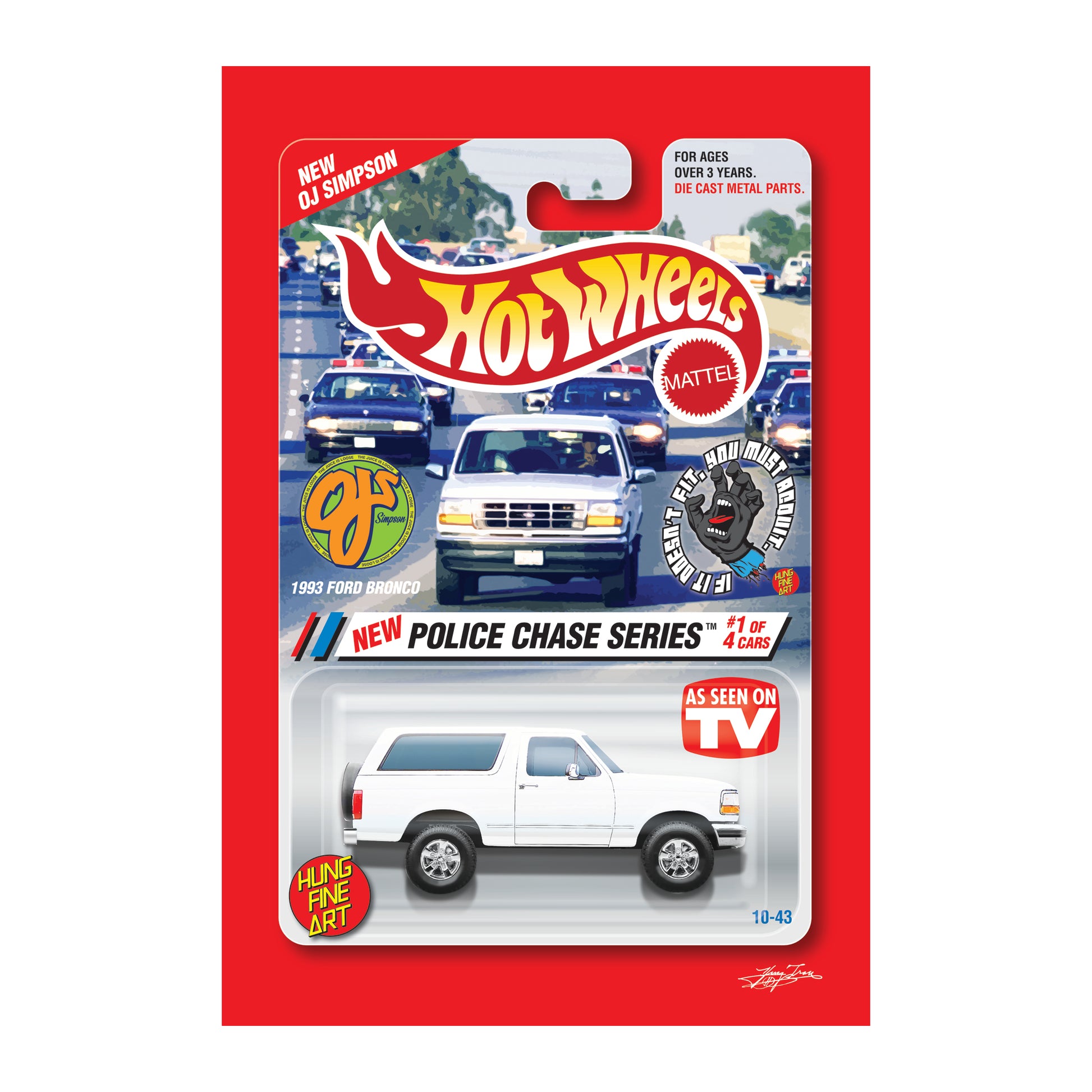 Freeway Chase Packaging fine art print by Hung Tran Fine Arts — retro packaging-style collage with freeway scene and white SUV on red background