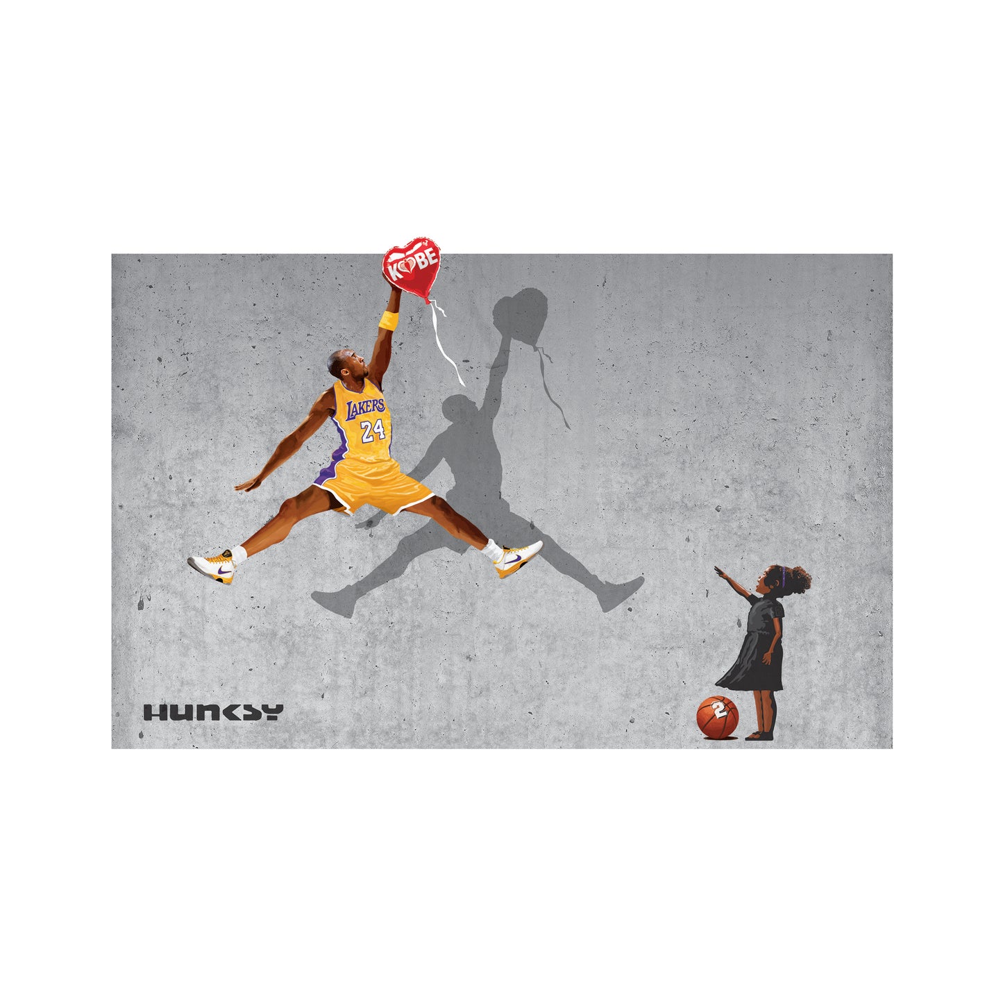 Heart Balloon Tribute fine art print by Hung Tran Fine Arts — basketball leap silhouette reaching toward a red heart balloon with a child figure on concrete wall
