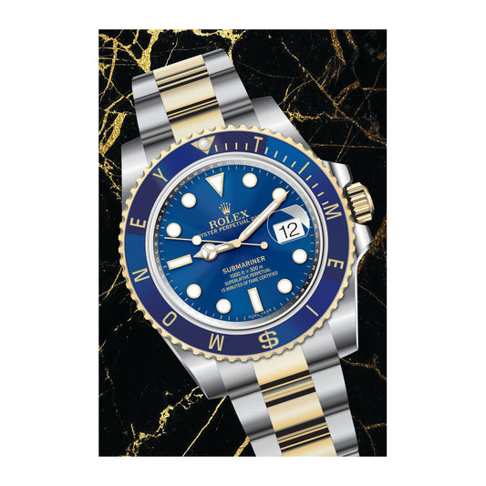 Midnight Gold Timepiece fine art print by Hung Tran Fine Arts — blue dial watch artwork on black marble background with gold accents