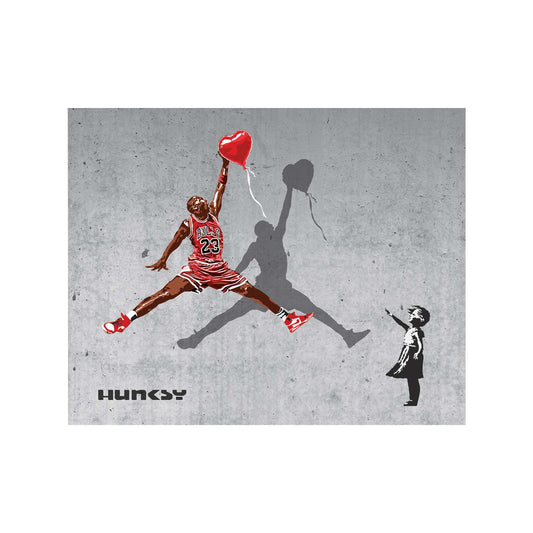 No. 23 Legacy fine art print by Hung Tran Fine Arts — basketball leap silhouette reaching toward a red heart balloon with a child figure on concrete wall