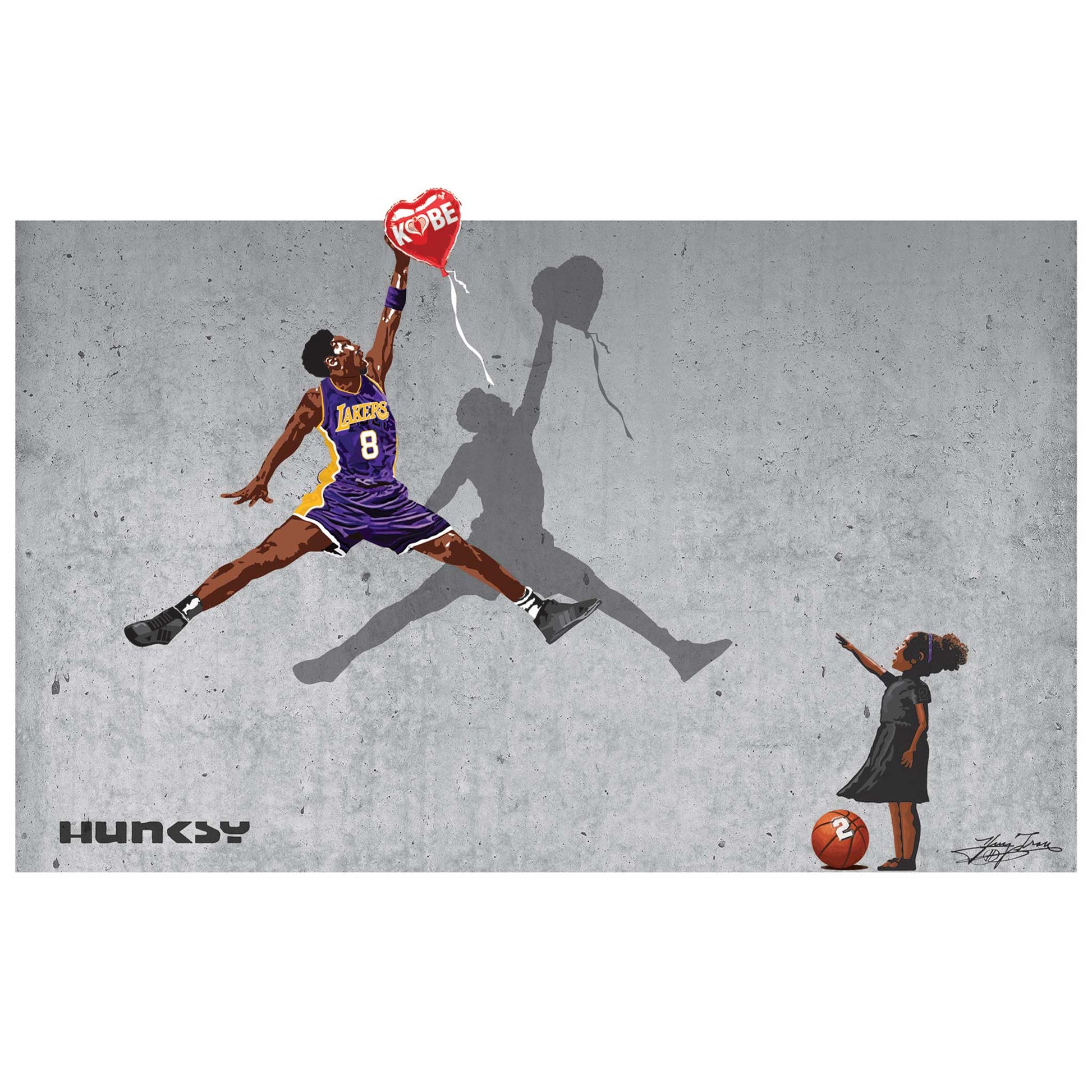 No. 8 Heart Balloon fine art print by Hung Tran Fine Arts — basketball leap silhouette reaching toward a red heart balloon with a child figure on concrete wall